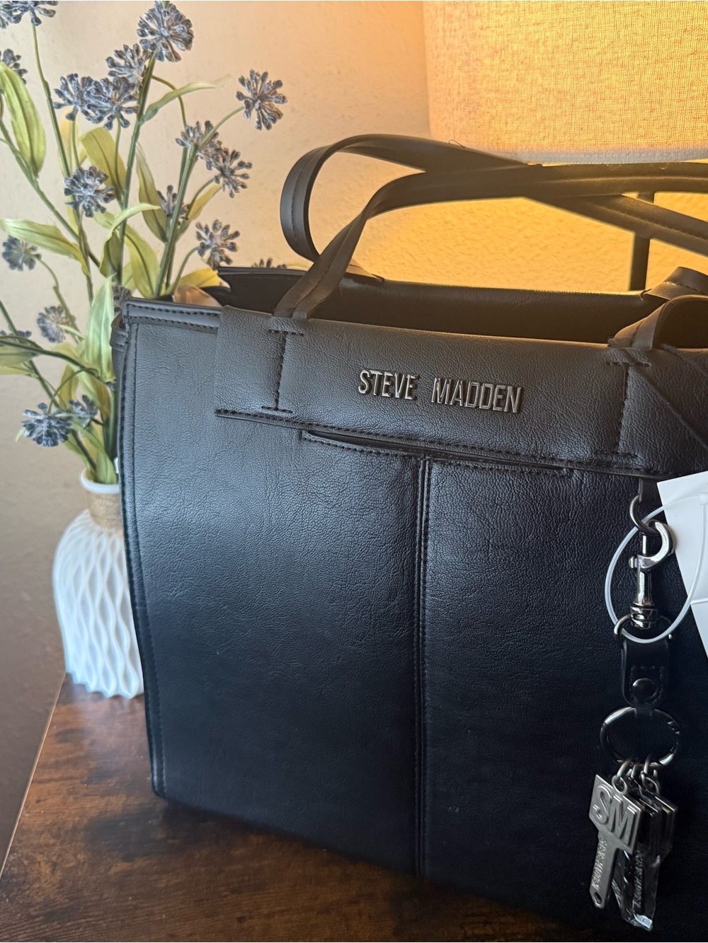 Steve Madden Black Structured Tote with Key Charm